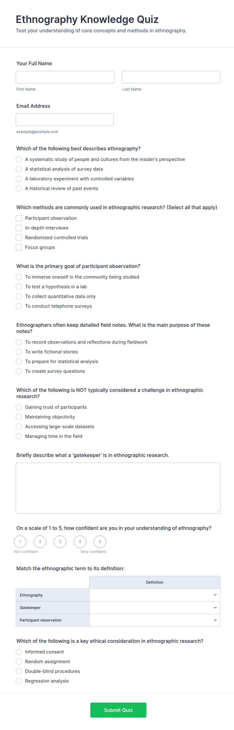 Ethnography Knowledge Quiz Form Template | Jotform