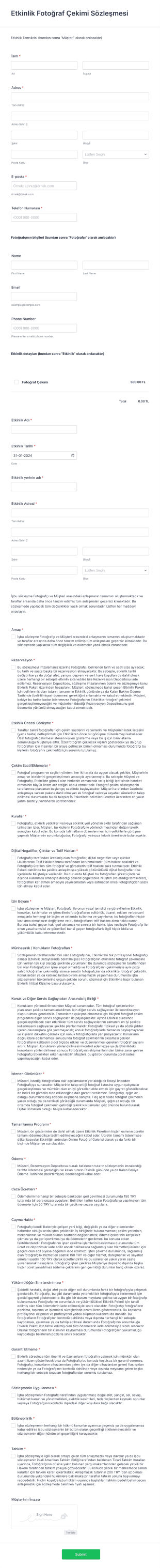 Etkinlik Fotoğraf Çekimi Sözleşmesi Form Şablonu