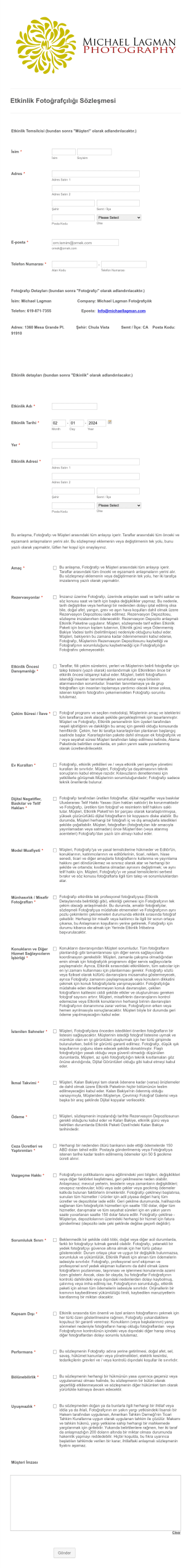 Etkinlik Fotoğrafçılığı Sözleşmesi Form Template