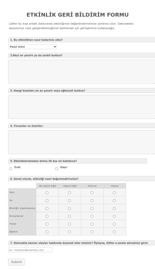 Etkinlik Hakkındaki Görüşleriniz Form Şablonu