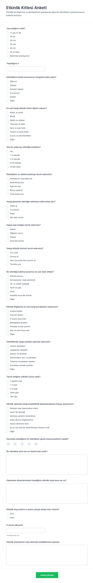 Etkinlik Katılımcı Soru Form Şablonu