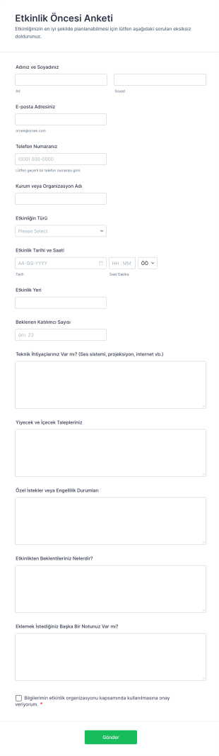 Etkinlik Öncesi Anketi Form Şablonu
