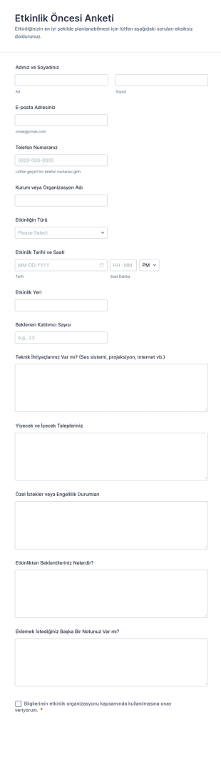 Etkinlik Öncesi Anketi Form Şablonu