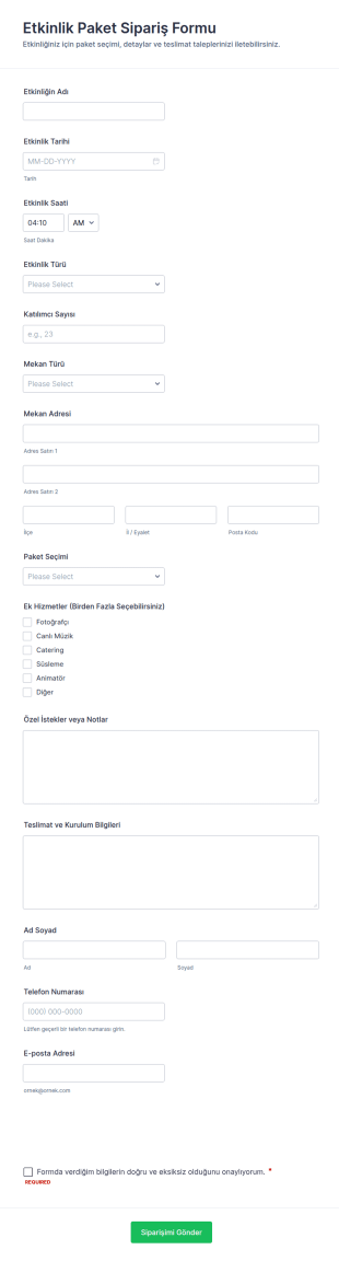 Etkinlik Paket Sipariş Form Şablonu
