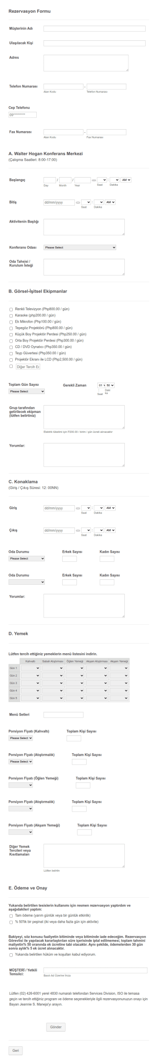 Etkinlik Rezervasyon Form Şablonu