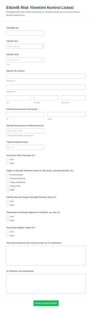 Etkinlik Risk Yönetimi Kontrol Listesi Form Şablonu