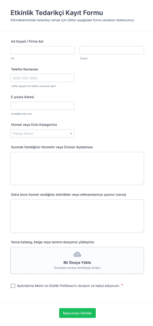 Etkinlik Tedarikçi Kayıt Form Template