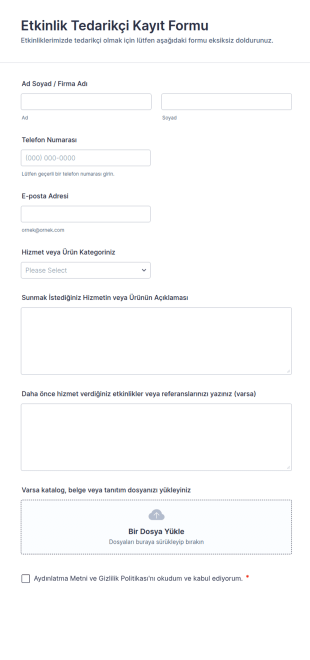 Etkinlik Tedarikçi Kayıt Form Şablonu