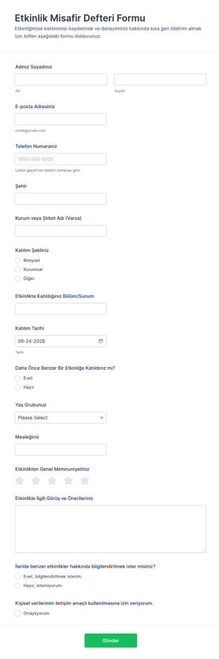Etkinlik Ziyaretçi Defteri Form Şablonu