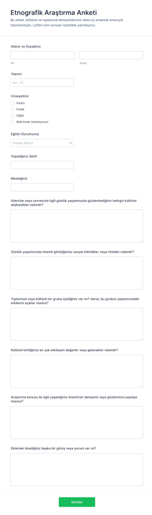 Etnografik Araştırma Anketi Form Şablonu