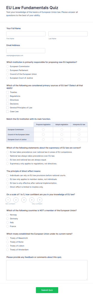 EU Law Fundamentals Quiz Form Template