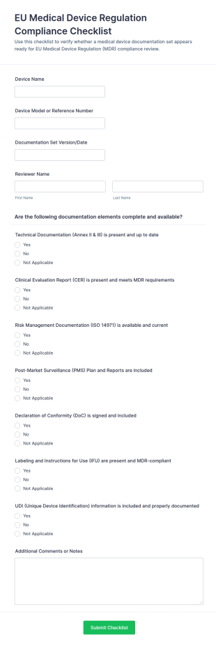 EU Medical Device Regulation Compliance Checklist Form Template