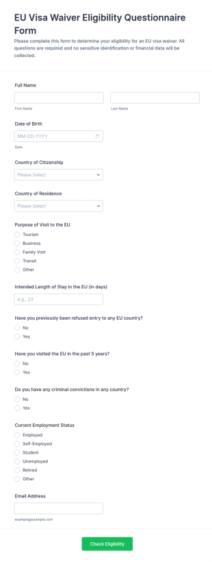 EU Visa Waiver Eligibility Questionnaire Form Template