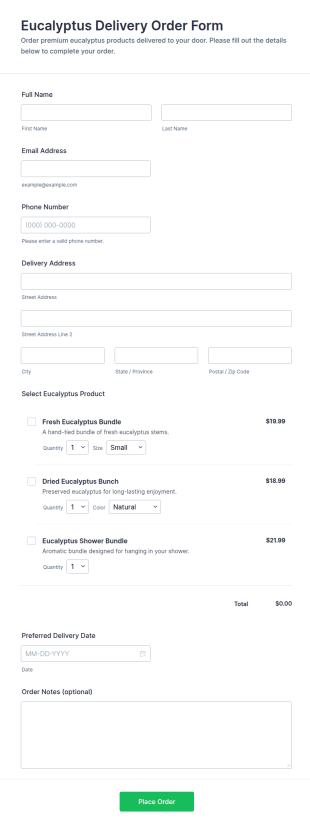 Eucalyptus Delivery Order Form Template