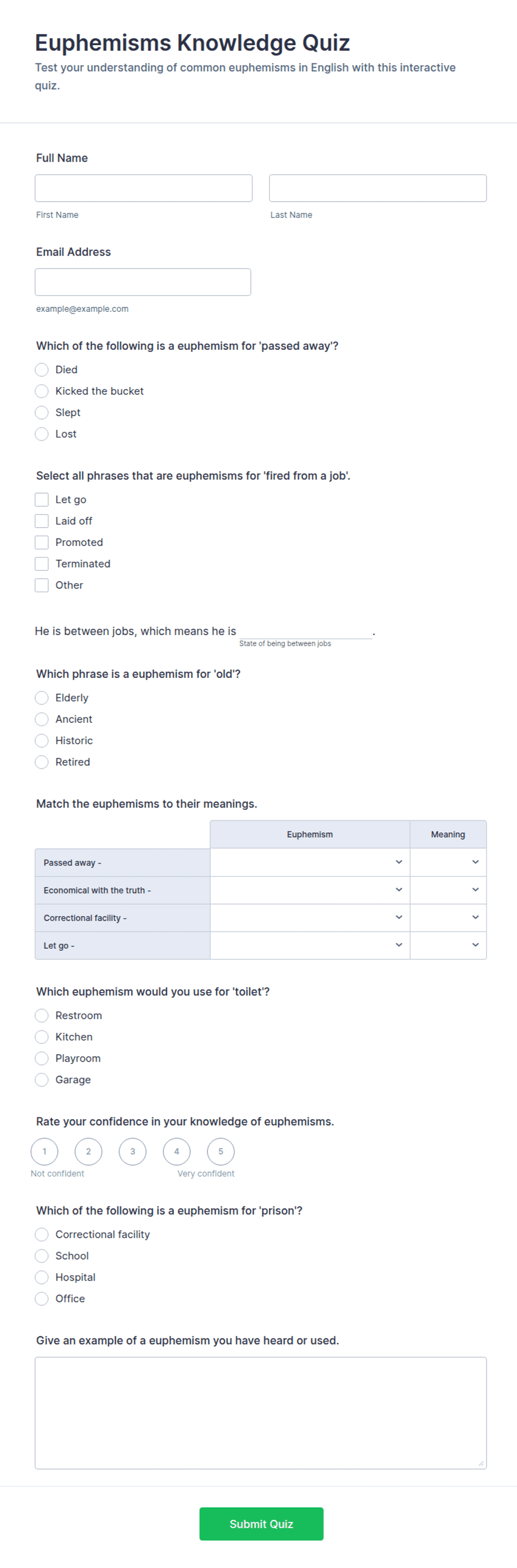 Euphemisms Knowledge Quiz Form Template | Jotform