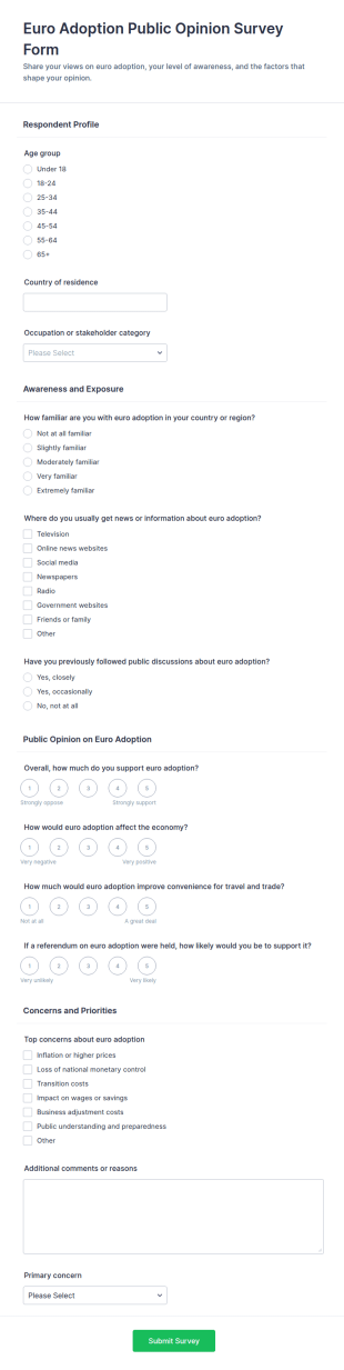 Euro Adoption Public Opinion Survey Form Template