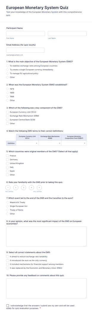 European Monetary System Quiz Form Template