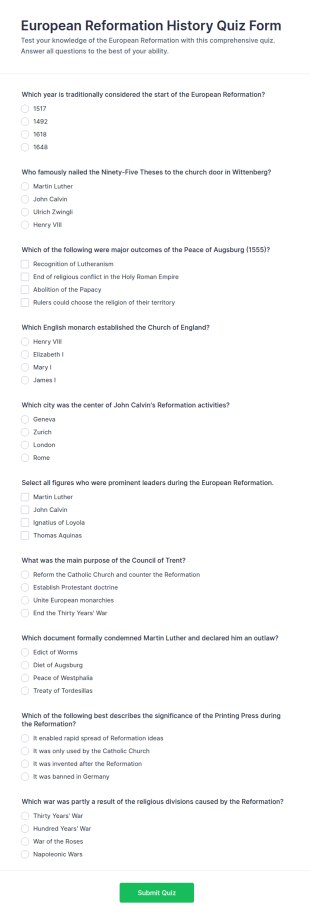 European Reformation History Quiz Form Template