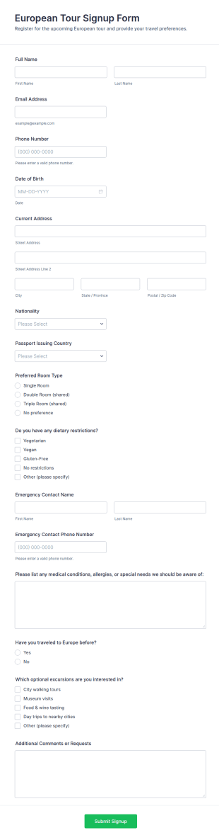 European Tour Signup Form Template