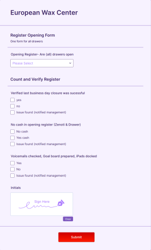 Wax Center Register Opening Form Template