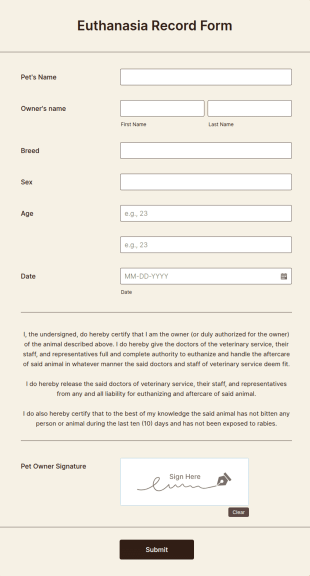 Euthanasia Record Form Template