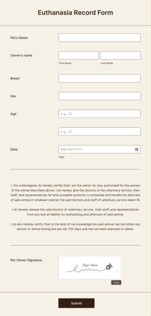 Euthanasia Record Form Template