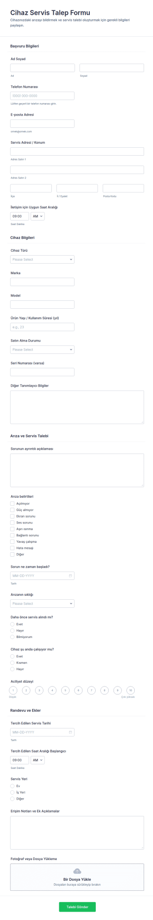 Ev Aletleri Servis Talep Form Şablonu