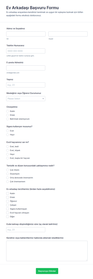 Ev Arkadaşı Başvuru Form Şablonu