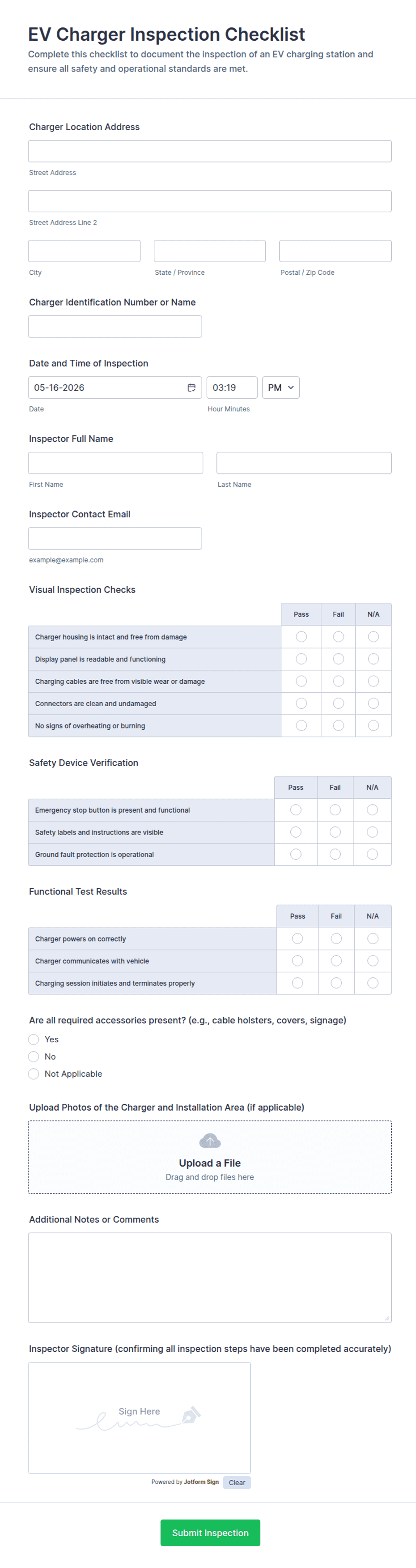 EV Charger Inspection Checklist Form Template | Jotform
