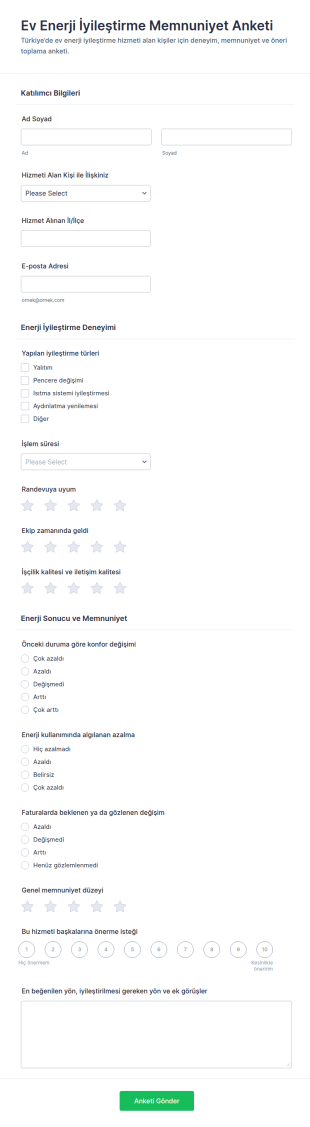Ev Enerji İyileştirme Memnuniyet Anketi Form Şablonu