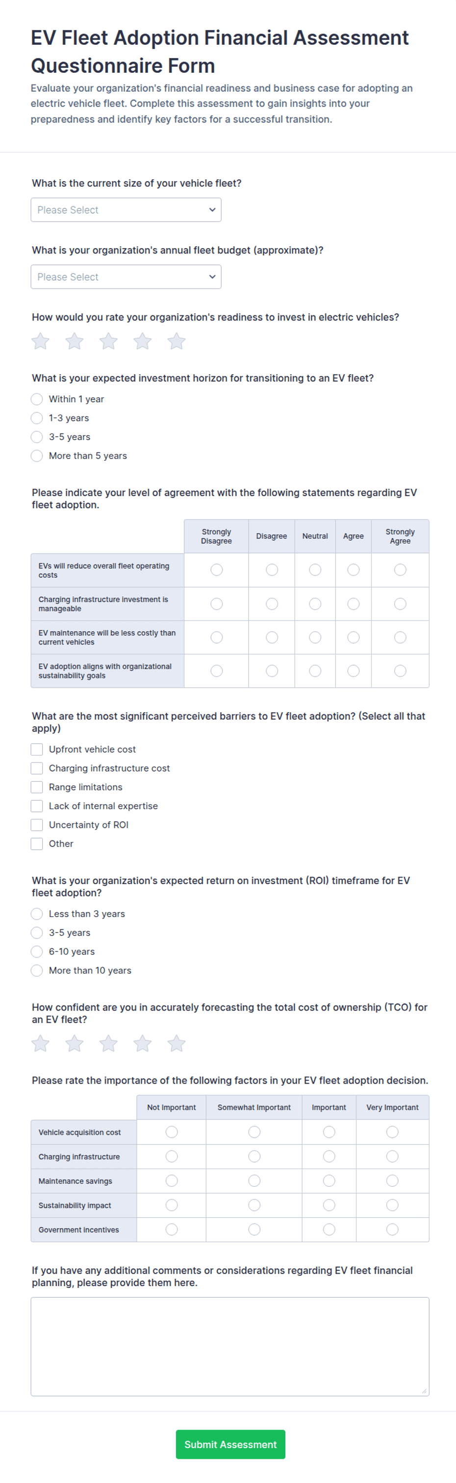 EV Fleet Adoption Financial Assessment Questionnaire Form Template ...