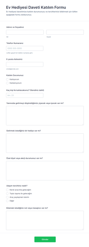 Ev Hediyesi Daveti Katılım Form Şablonu
