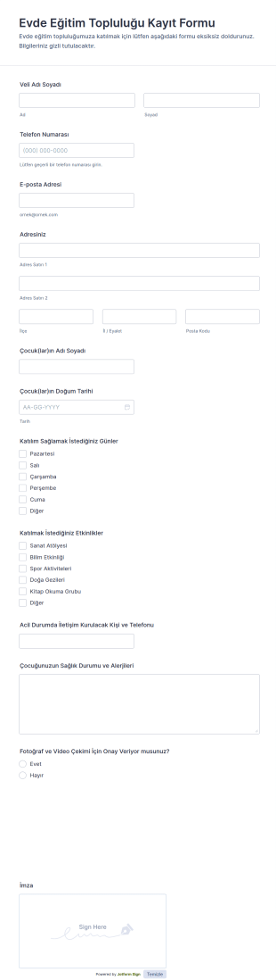 Ev Okulu Katılım Form Şablonu