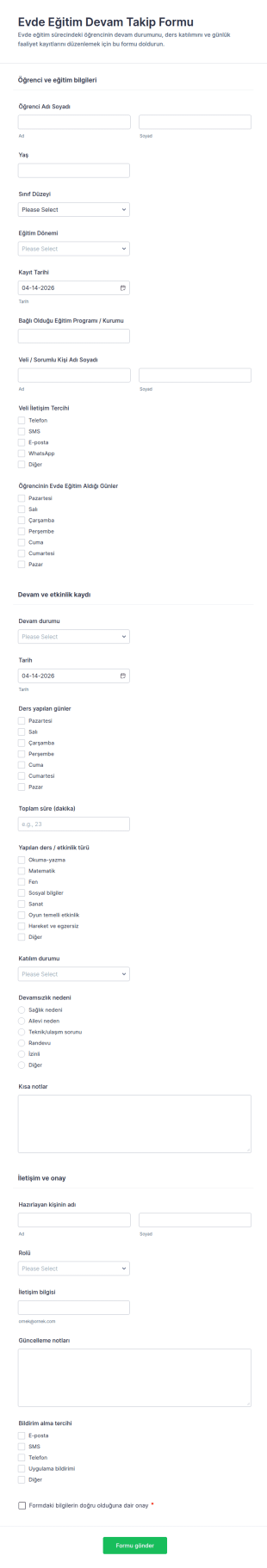 Ev Okuluna Katılım Form Şablonu