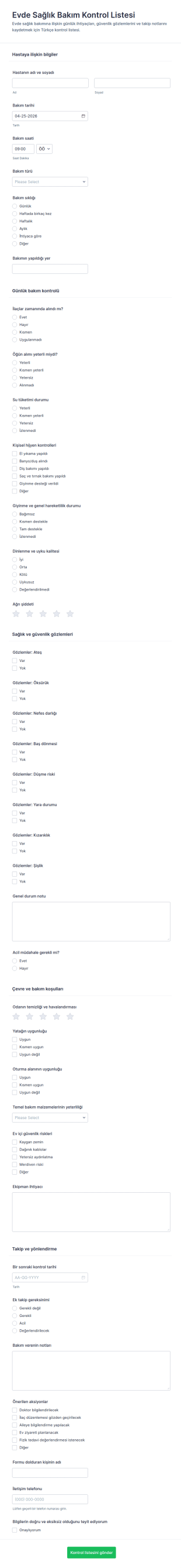 Ev Sağlığı Hizmetleri Kontrol Listesi Form Şablonu