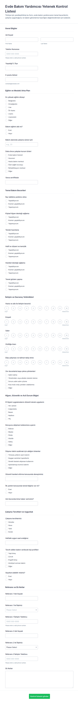 Ev Sağlık Asistanı Beceri Kontrol Listesi Form Şablonu