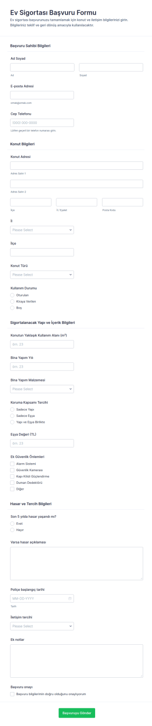 Ev Sigortası Başvuru Form Şablonu