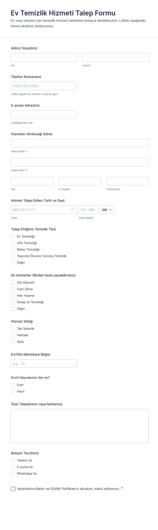 Ev Temizlik Hizmeti Talep Form Şablonu