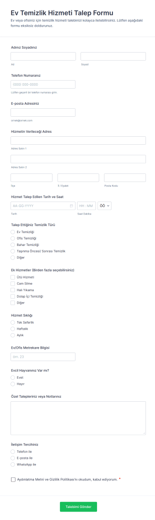 Ev Temizlik Hizmeti Talep Form Şablonu