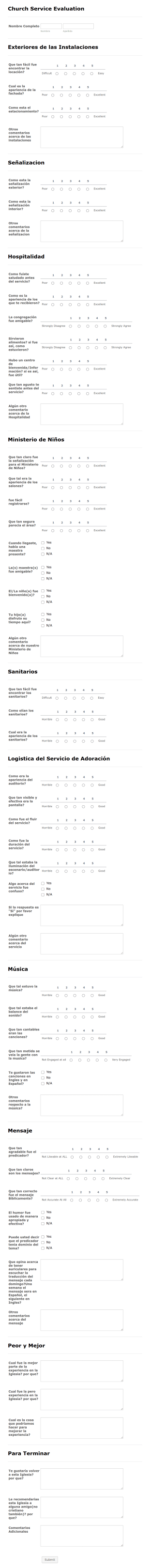 Evaluación De Servicios De Iglesia Form Template