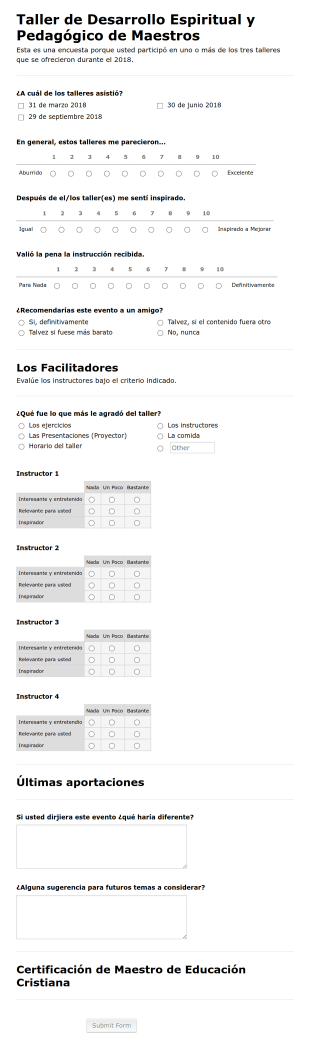 Evaluación De Talleres De Maestros 2018 Form Template