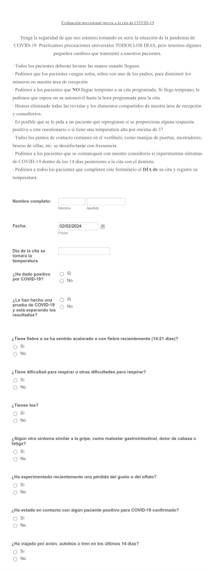 Evaluación Provisional Previa A La Cita De COVID 19 Form Template