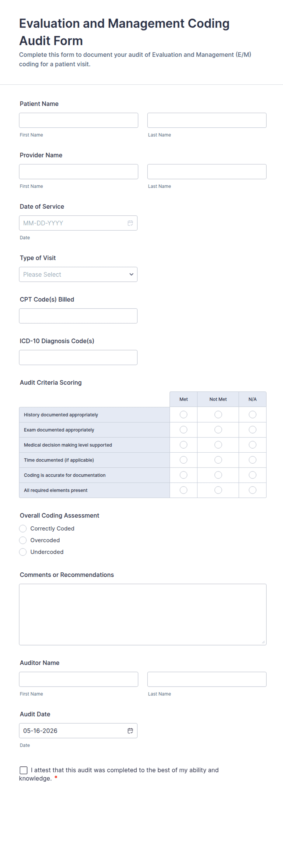Evaluation and Management Coding Audit Form Template | Jotform