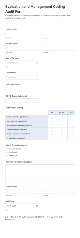Evaluation And Management Coding Audit Form Template