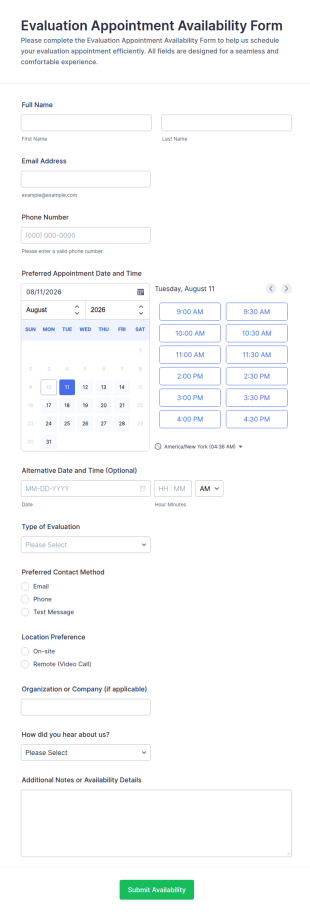 Evaluation Appointment Availability Form Template