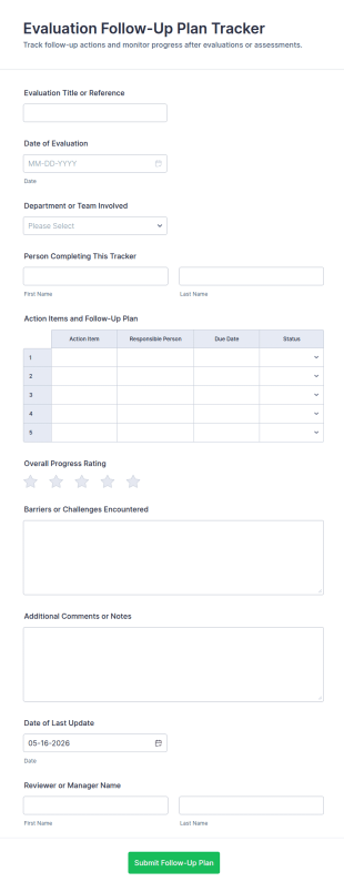 Evaluation Follow Up Plan Tracker Form Template