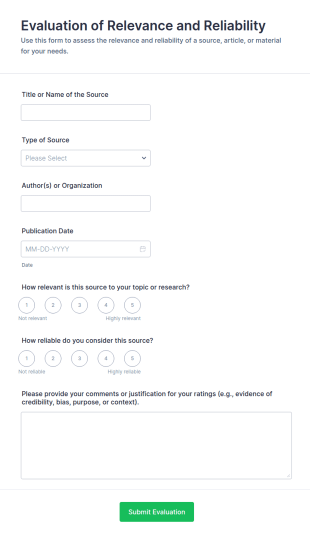 Evaluation Of Relevance And Reliability Form Template