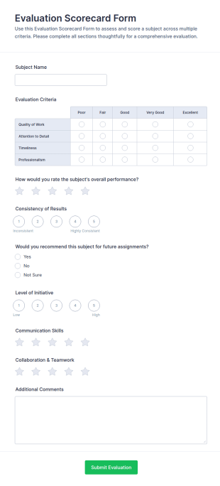 Evaluation Scorecard Form Template