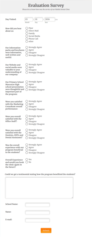 Dental Clinic Evaluation Survey Form Template