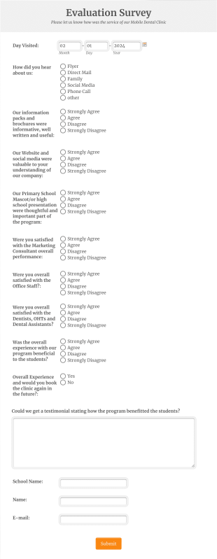 Dental Clinic Evaluation Survey Form Template